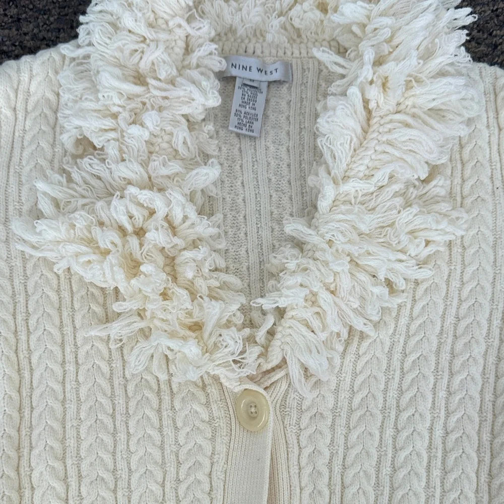 Vintage Nine West Cream Cable Knit Long Crochet Cardigan with Fringe Trim